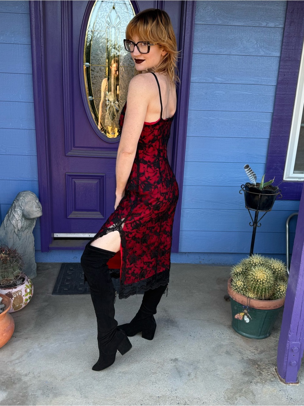 Red and Black Lace Slip Dress Vintage Y2K Women's Prom Dress size Small